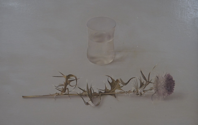 Bonnie Thompson (Scottish b.1972), oil on board, Scotch thistle and glass of water, unsigned, gallery label verso, 21 x 33cm. Condition - good